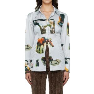 Acne Studios Horse Graphic Print Satin Shirt Blouse Sz M L